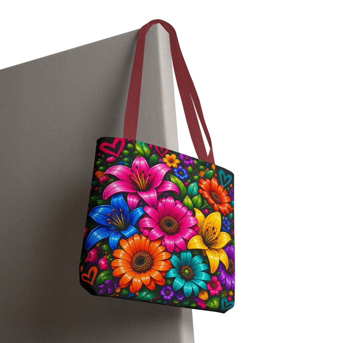 Festora Floral Burst Tote Bag — Colorful Flowers on Black