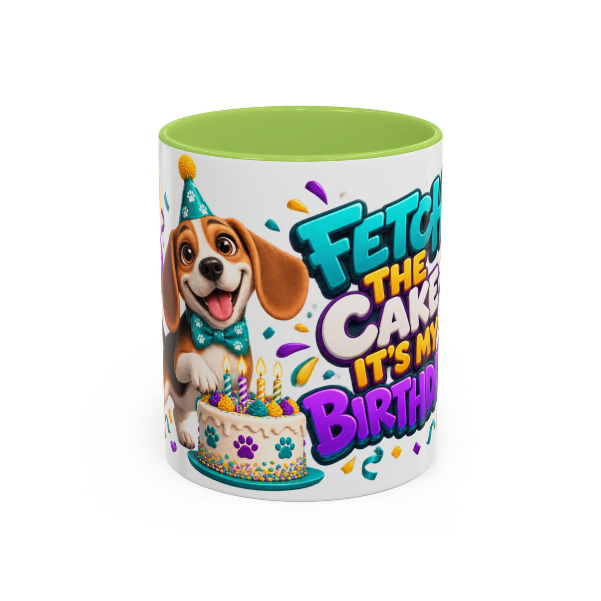Beagle Birthday Mug – Fetch the Cake White Ceramic Coffee Cup