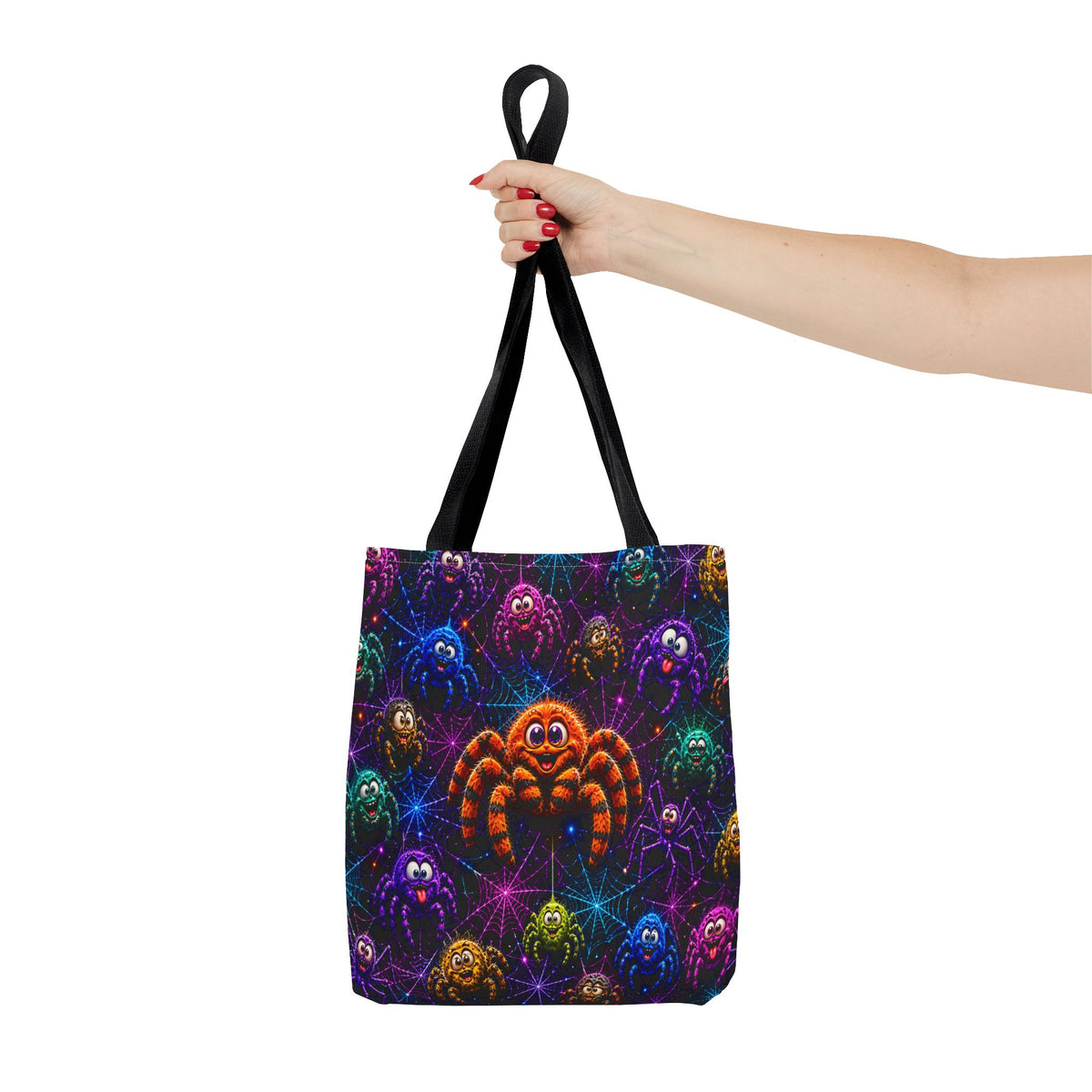 Colorful Crazy Spiders Halloween Tote Bag – Cute 3D Spider Web Pattern