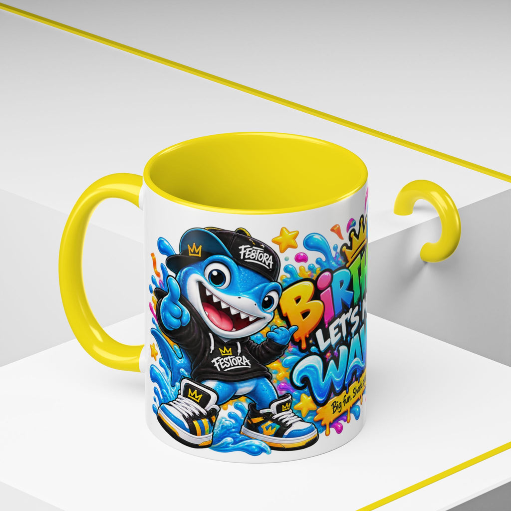 BIRTHDAY? LET’S MAKE WAVES! White Ceramic Mug – Funny Shark Birthday Coffee Cup – Original FestoraShop Design