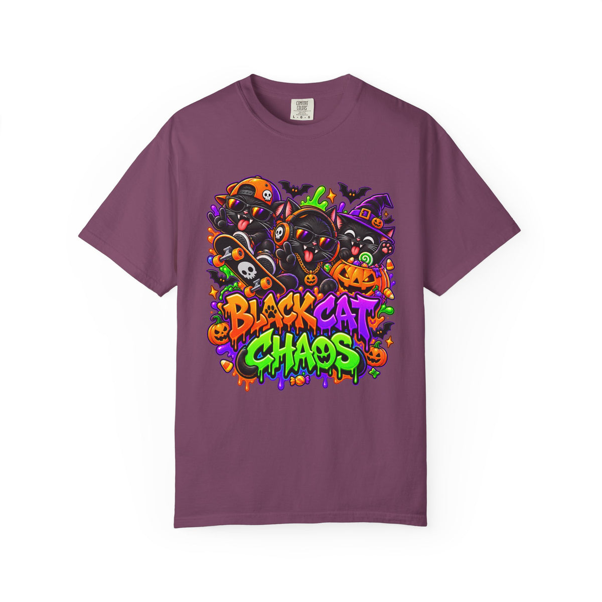 Neon Black Cat Halloween Chaos T-Shirt | Cute Spooky Cat Graphic Tee