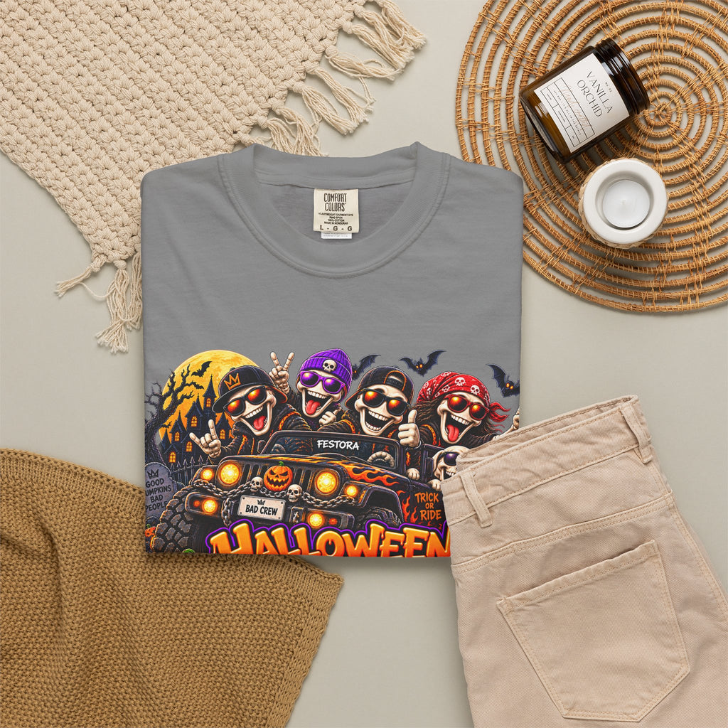 Halloween Crew T-Shirt – Skeleton Jeep Spooky Graphic Tee