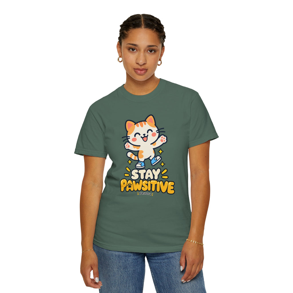 Stay Pawsitive – Cute Happy Cat Graphic T-Shirt