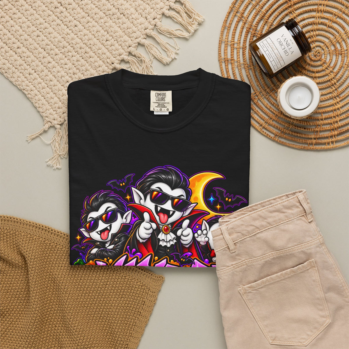 Neon Vampire Vibes Halloween Unisex Garment-Dyed T-Shirt Featuring a Cool Festora Vampire Crew