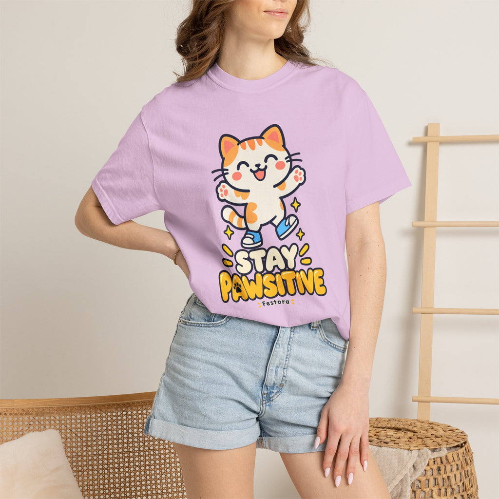 Stay Pawsitive – Cute Happy Cat Graphic T-Shirt