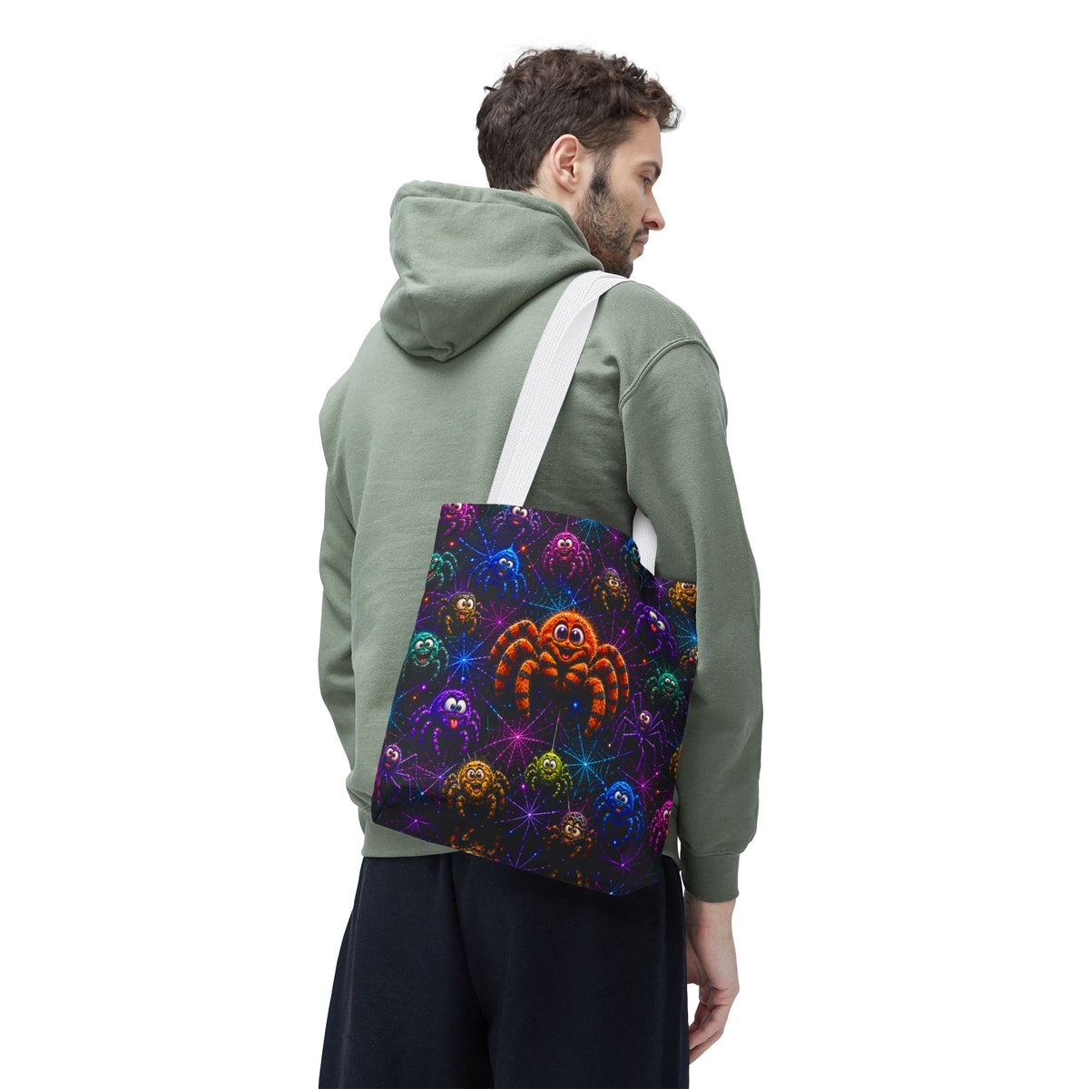 Colorful Crazy Spiders Halloween Tote Bag – Cute 3D Spider Web Pattern