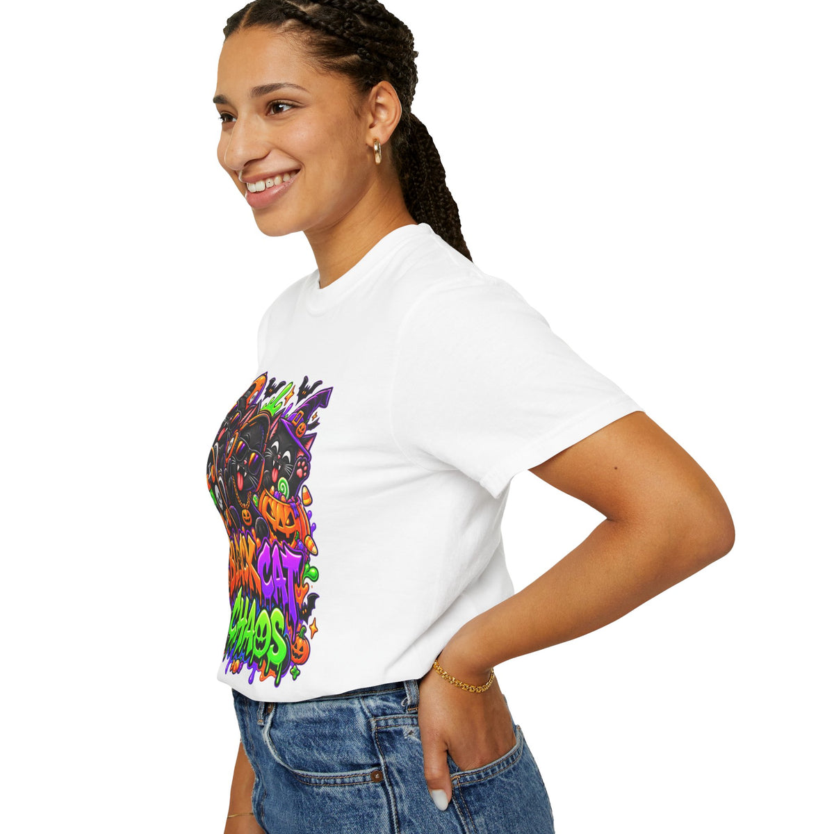 Neon Black Cat Halloween Chaos T-Shirt | Cute Spooky Cat Graphic Tee