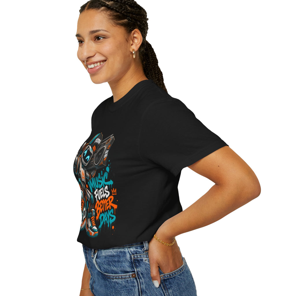 Music Fuels Better Days T-Shirt — Retro Robot Boombox Streetwear