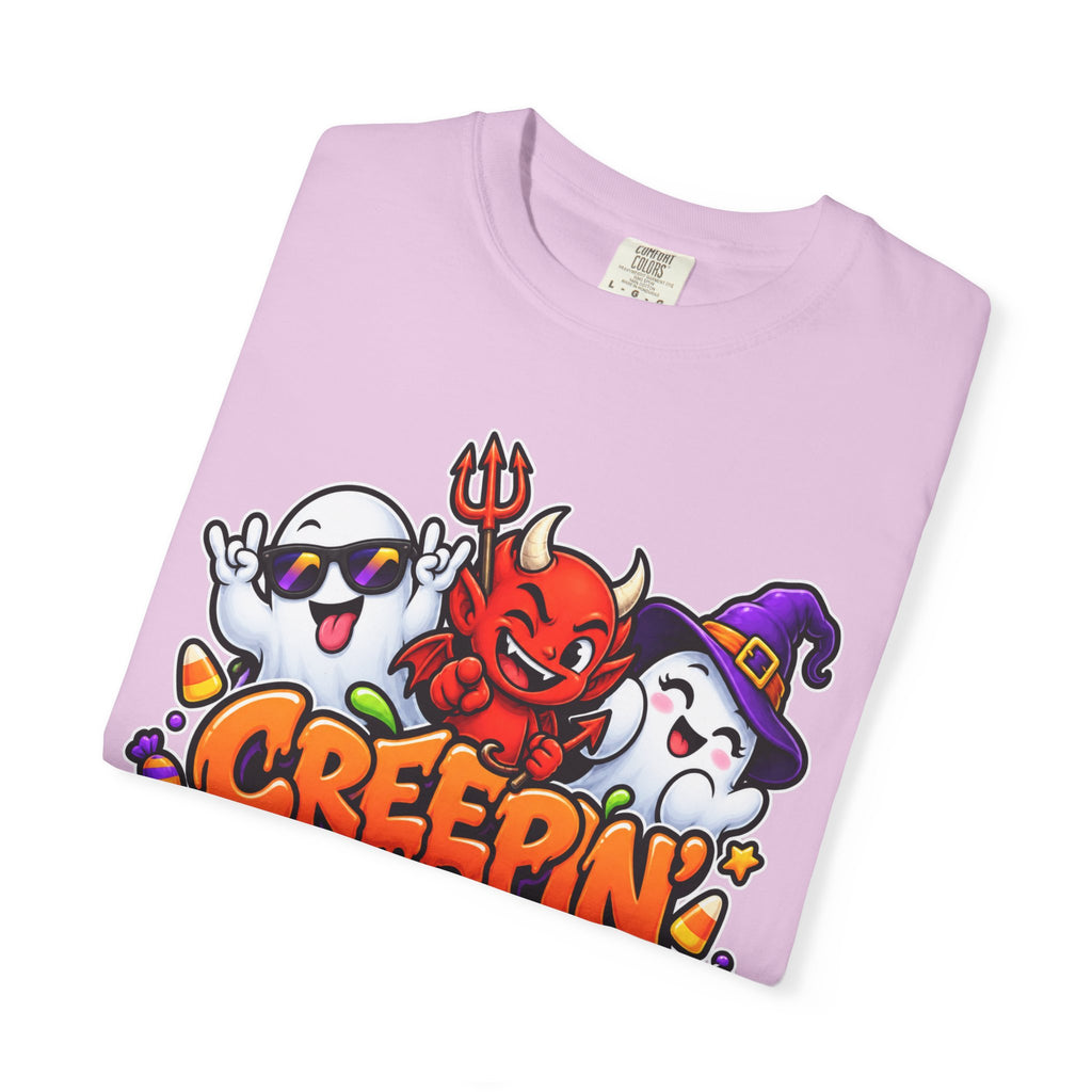 Creepin’ With My Crew Halloween T-Shirt – Colorful Funny Ghost & Devil Graphic Tee