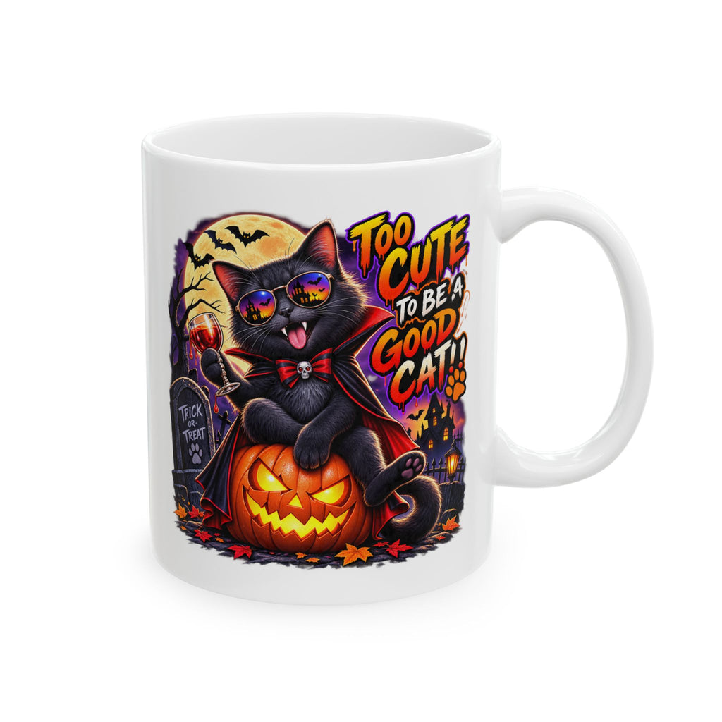 Halloween Cat Mug - “Too Cute to Be a Good Cat” Ceramic Coffee Cup (11oz/15oz)
