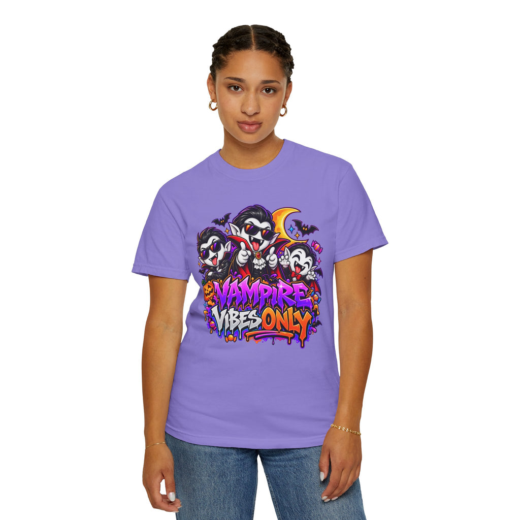 Neon Vampire Vibes Halloween Unisex Garment-Dyed T-Shirt Featuring a Cool Festora Vampire Crew