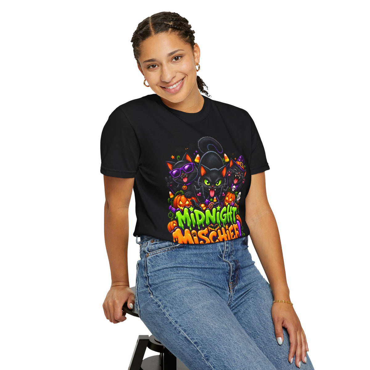 Midnight Mischief Halloween T-Shirt – Funny Black Cat Graphic Tee