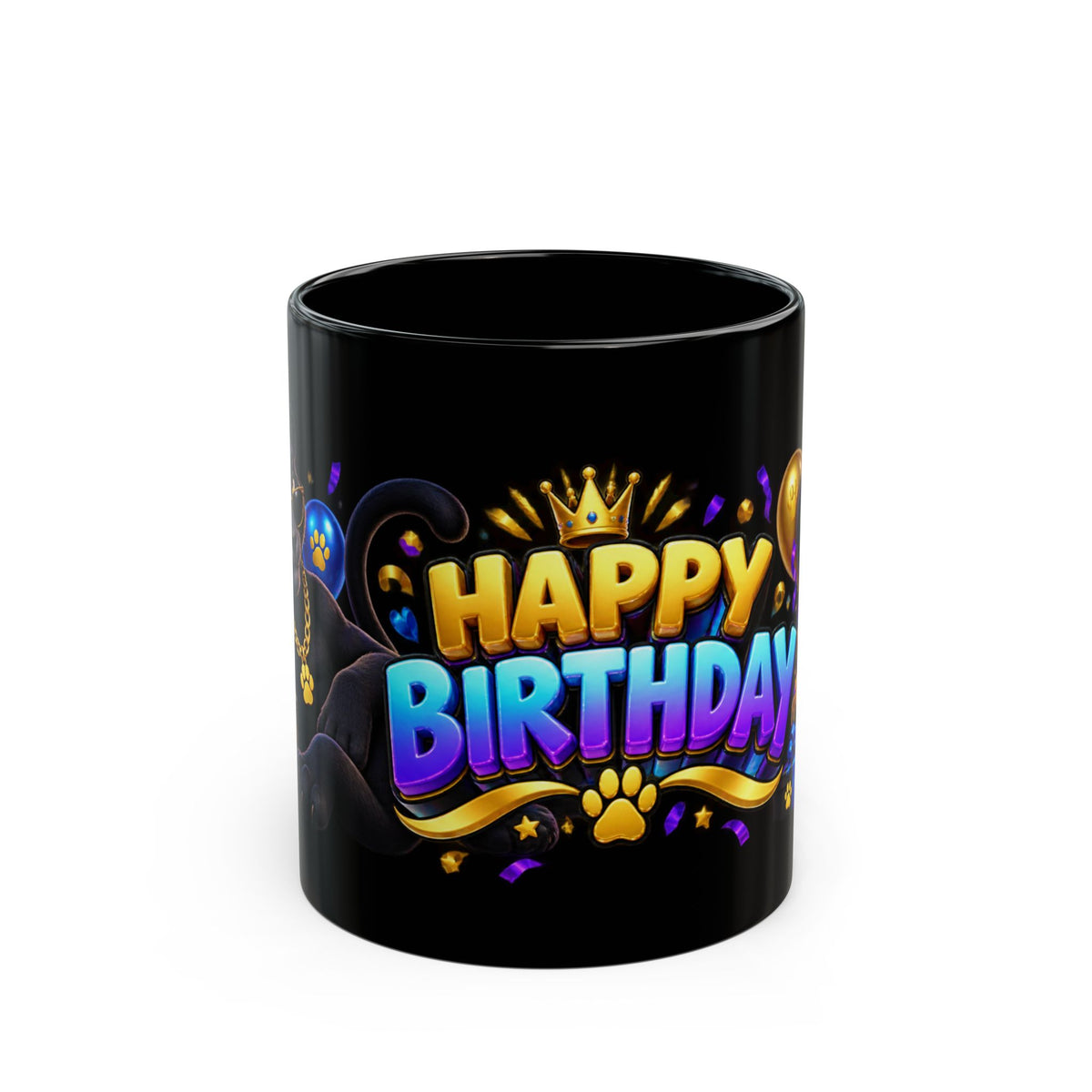 Cool Black Panther Happy Birthday Mug – Purple Blue & Gold Birthday Design – FestoraShop Black Coffee Mug