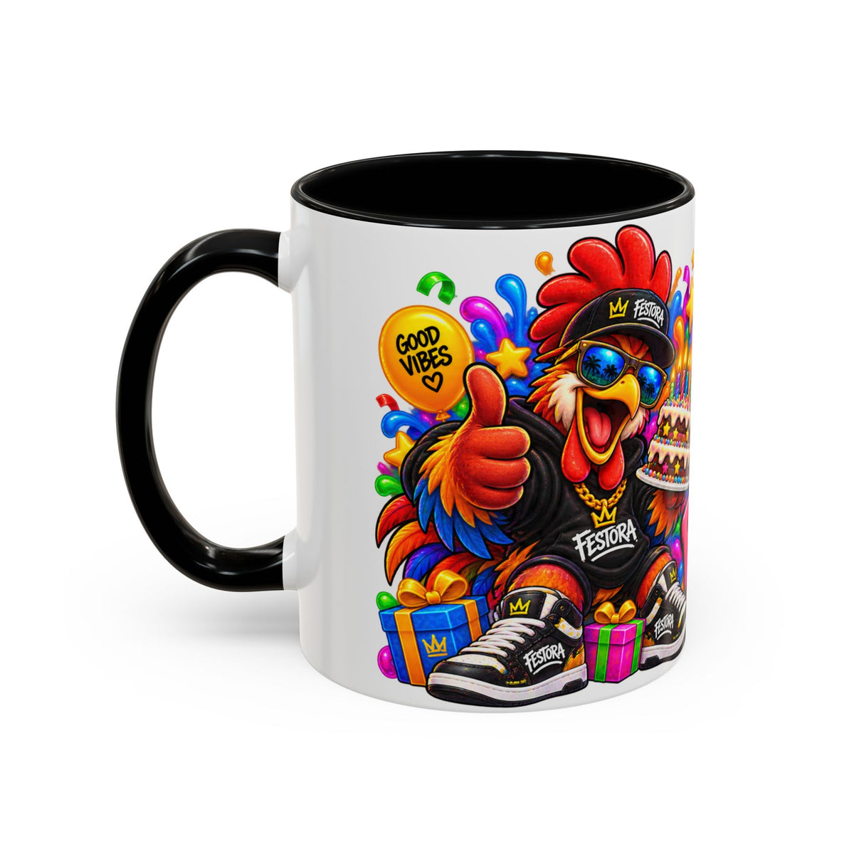 RISE AND SHINE… IT’S YOUR BIRTHDAY! White Ceramic Mug – Funny Rooster Birthday Coffee Cup – Colorful Party Gift – Original FestoraShop Design