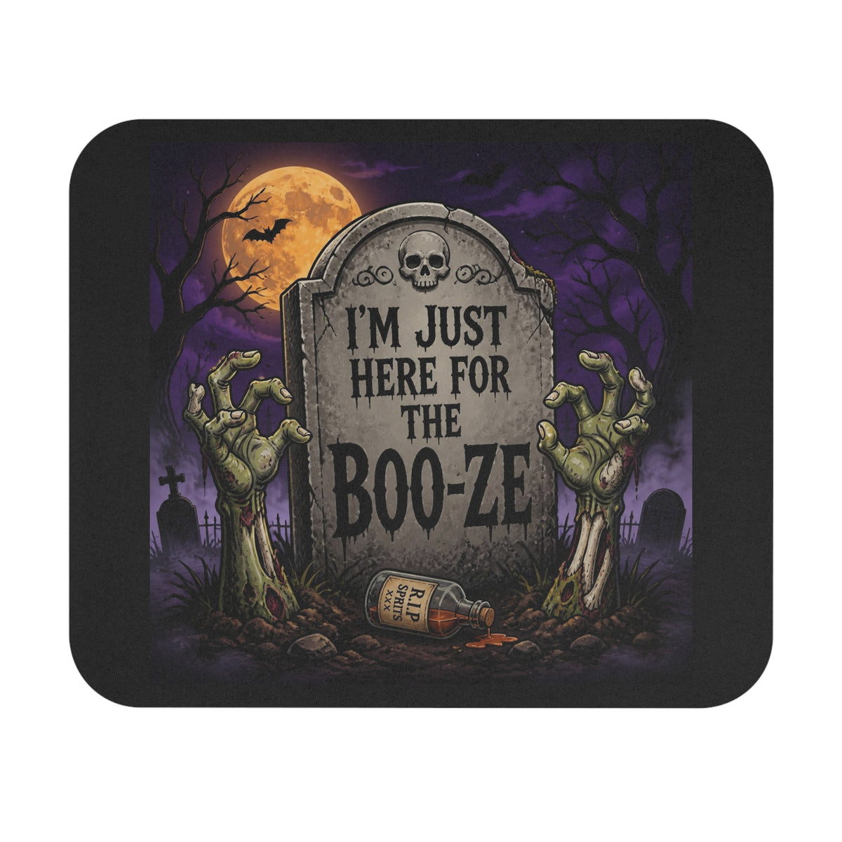 Halloween Mouse Pad — "I’m Just Here for the Boo-ze" Tombstone Design