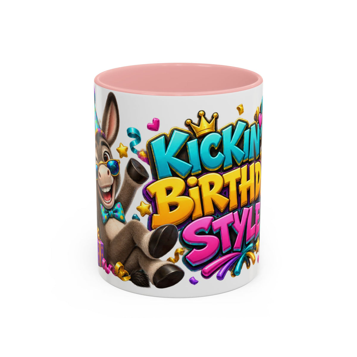 Kickin’ It Birthday Style Donkey White Mug – Funny Happy Birthday Party Cup, Cute Colorful Gift
