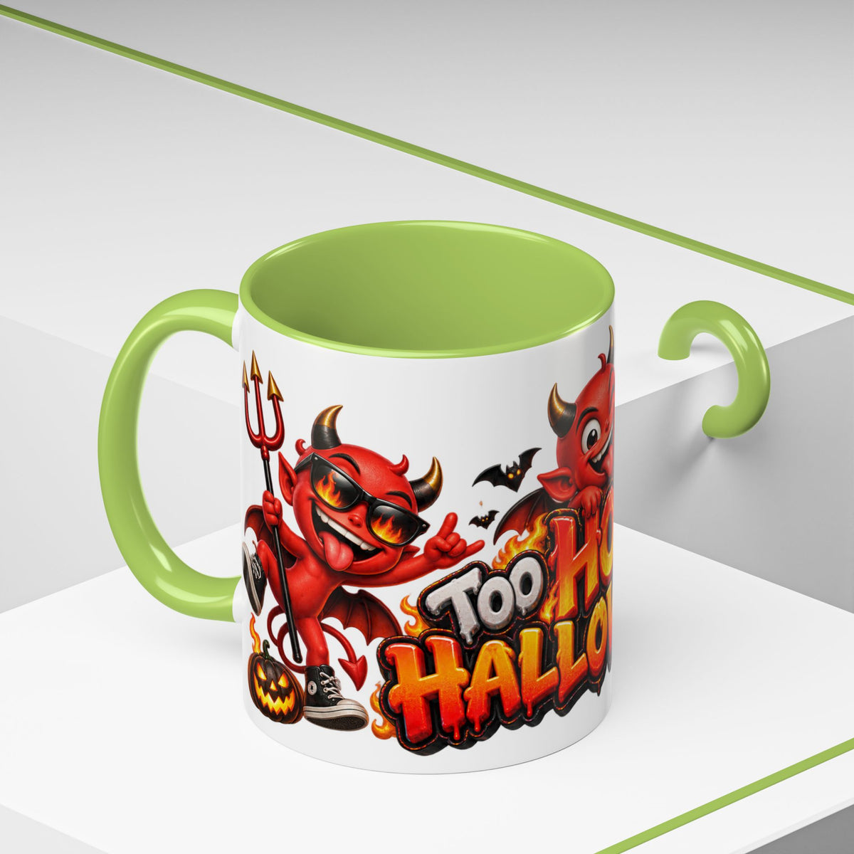 Too Hot for Halloween White Mug – Funny Devils, Flames & Spooky Design