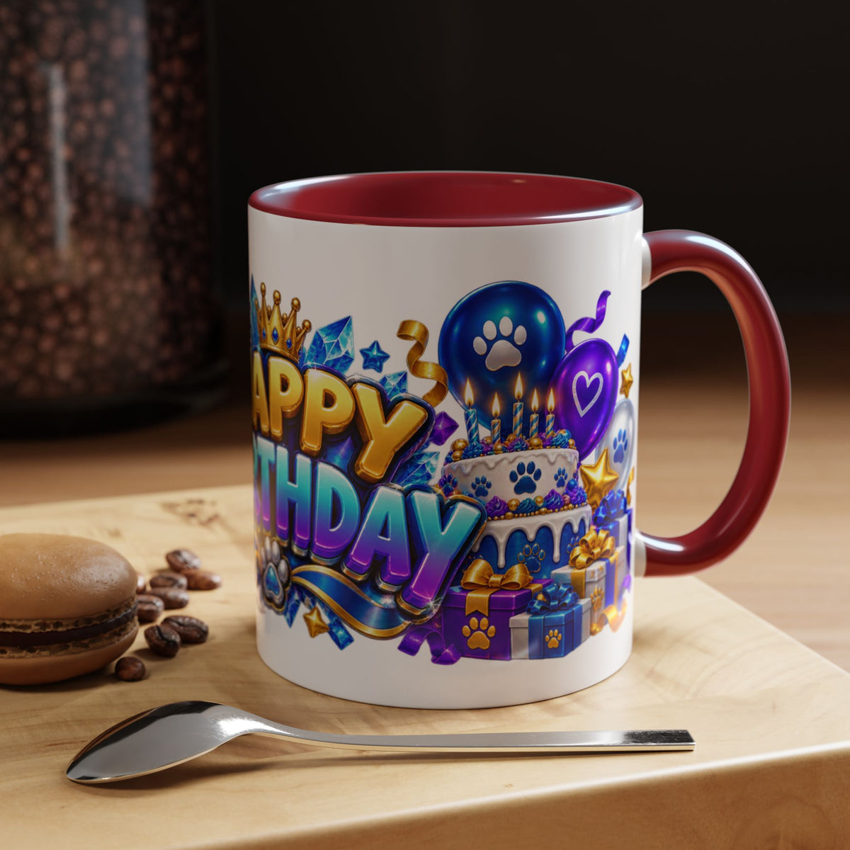 White Wolf Happy Birthday Mug – Blue Purple & Gold Birthday Gift – FestoraShop White Coffee Mug
