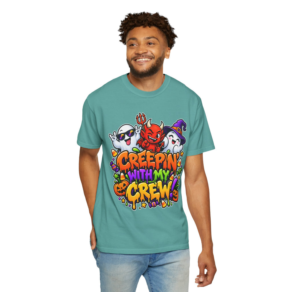 Creepin’ With My Crew Halloween T-Shirt – Colorful Funny Ghost & Devil Graphic Tee