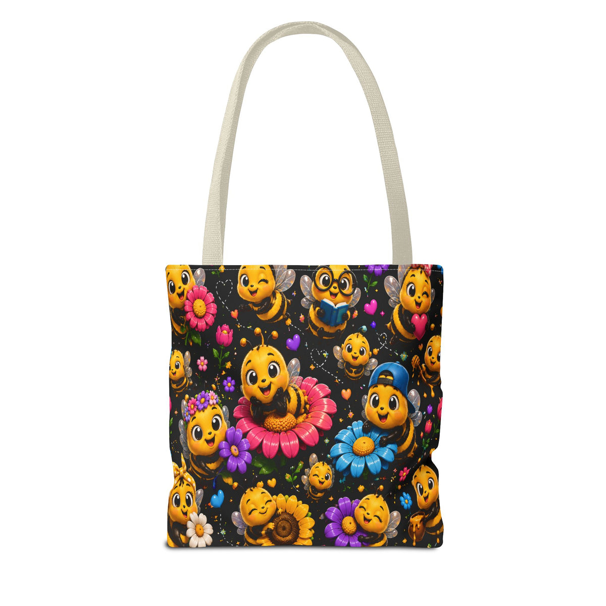Cute Bee Pattern Tote Bag — Colorful Floral Cartoon Bees All-Over Print