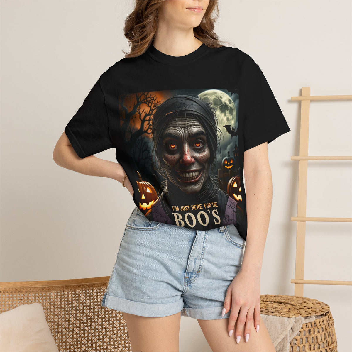 Halloween Creepy Ghoul T-Shirt – “I’m Just Here for the Boo’s” Graphic Tee