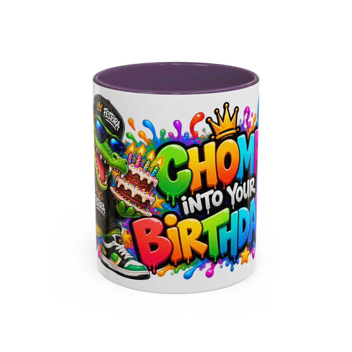 CHOMP INTO YOUR BIRTHDAY! White Ceramic Mug – Funny Crocodile Birthday Coffee Cup – Colorful Party Gift – Original FestoraShop Design