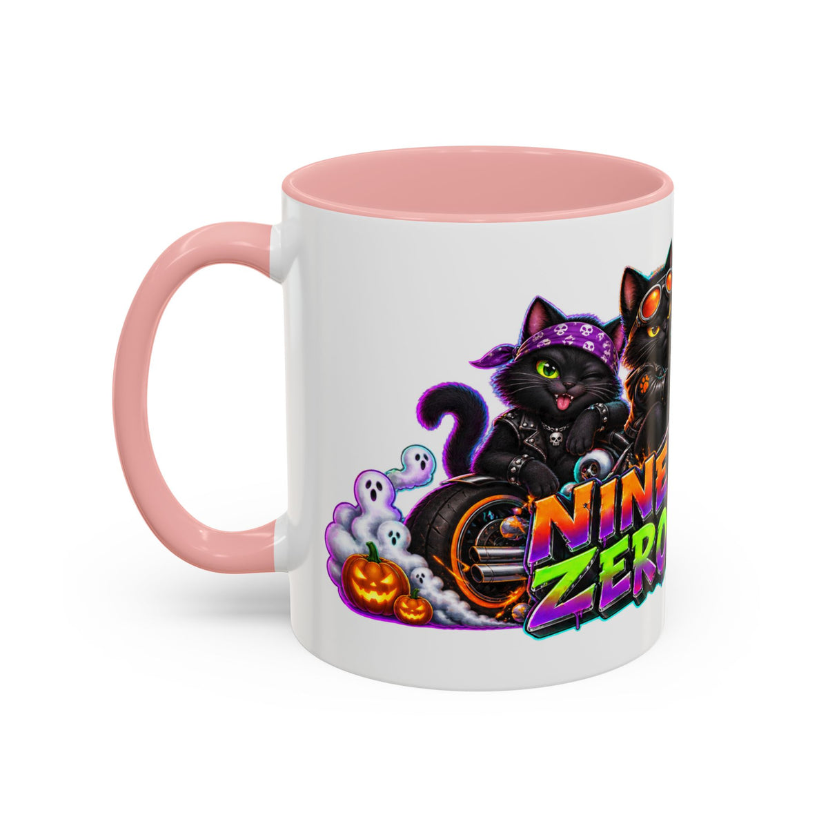 Nine Lives Zero Rules Biker Cats Halloween White Mug