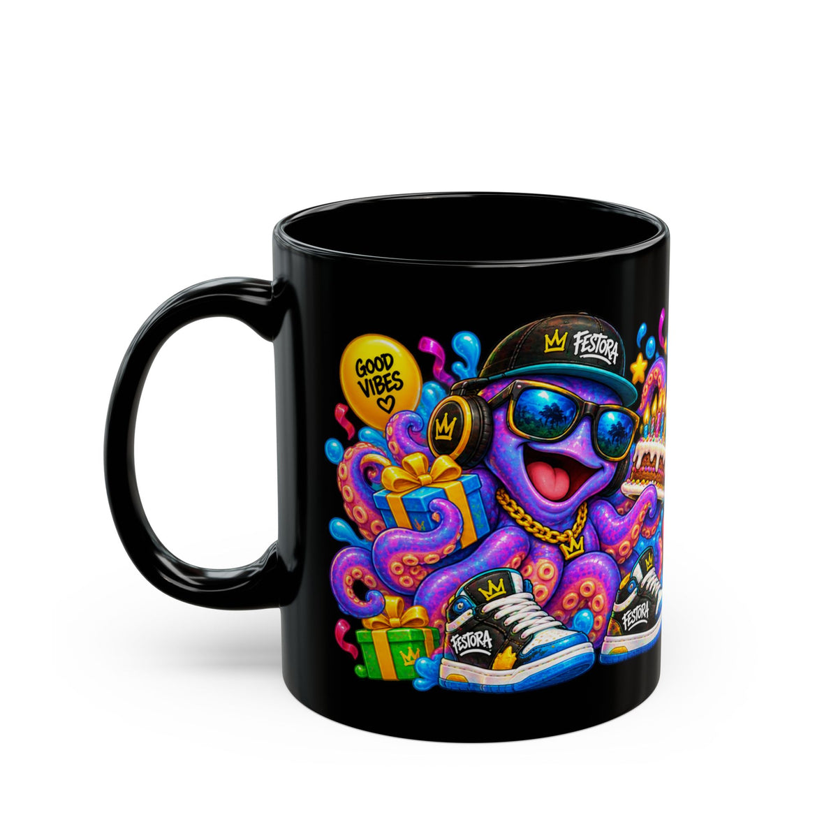 OCTO AWESOME BIRTHDAY! Black Ceramic Mug – Funny Octopus Birthday Coffee Cup – Colorful Party Gift – Original FestoraShop Design