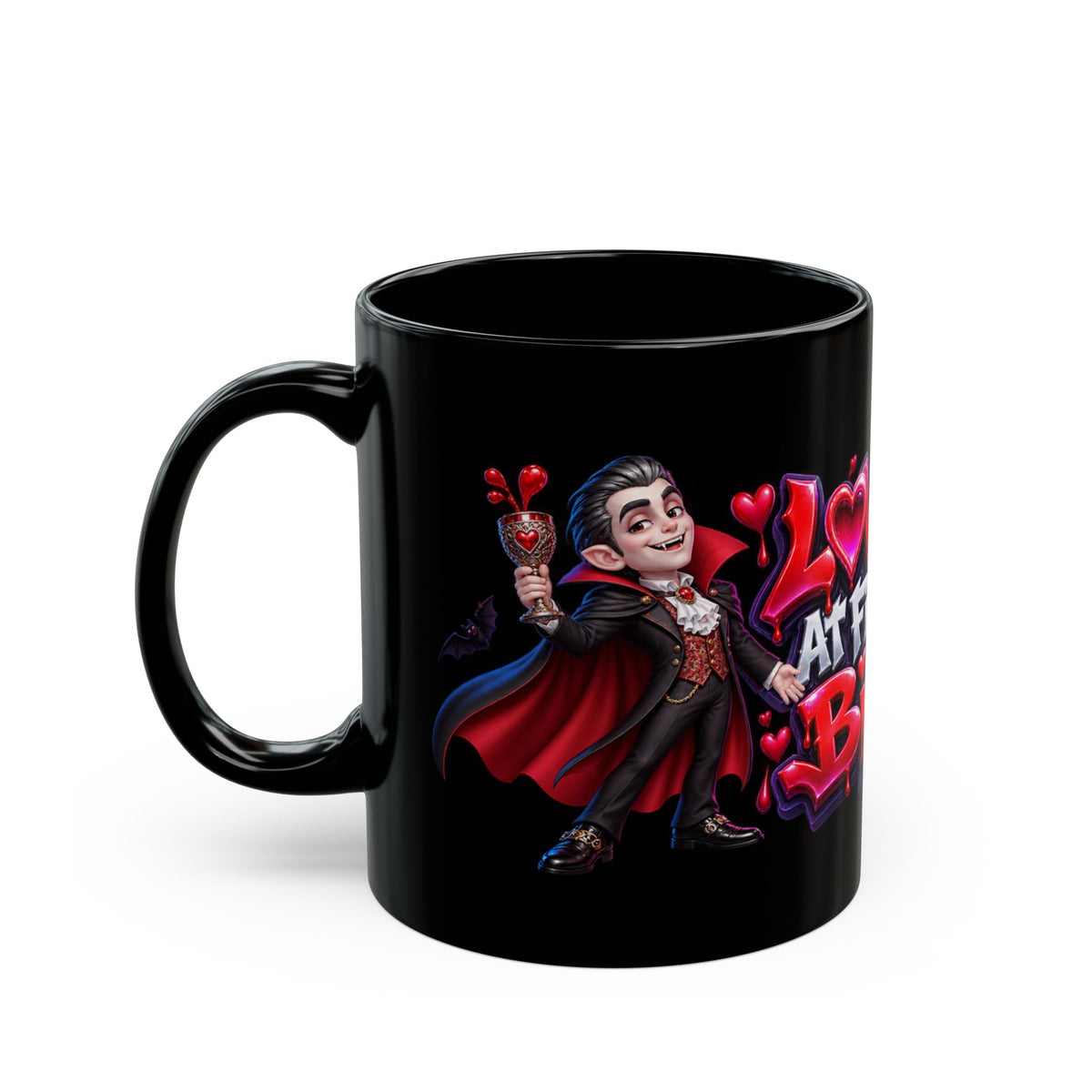 Love at First Bite Funny Vampire Halloween Black Mug
