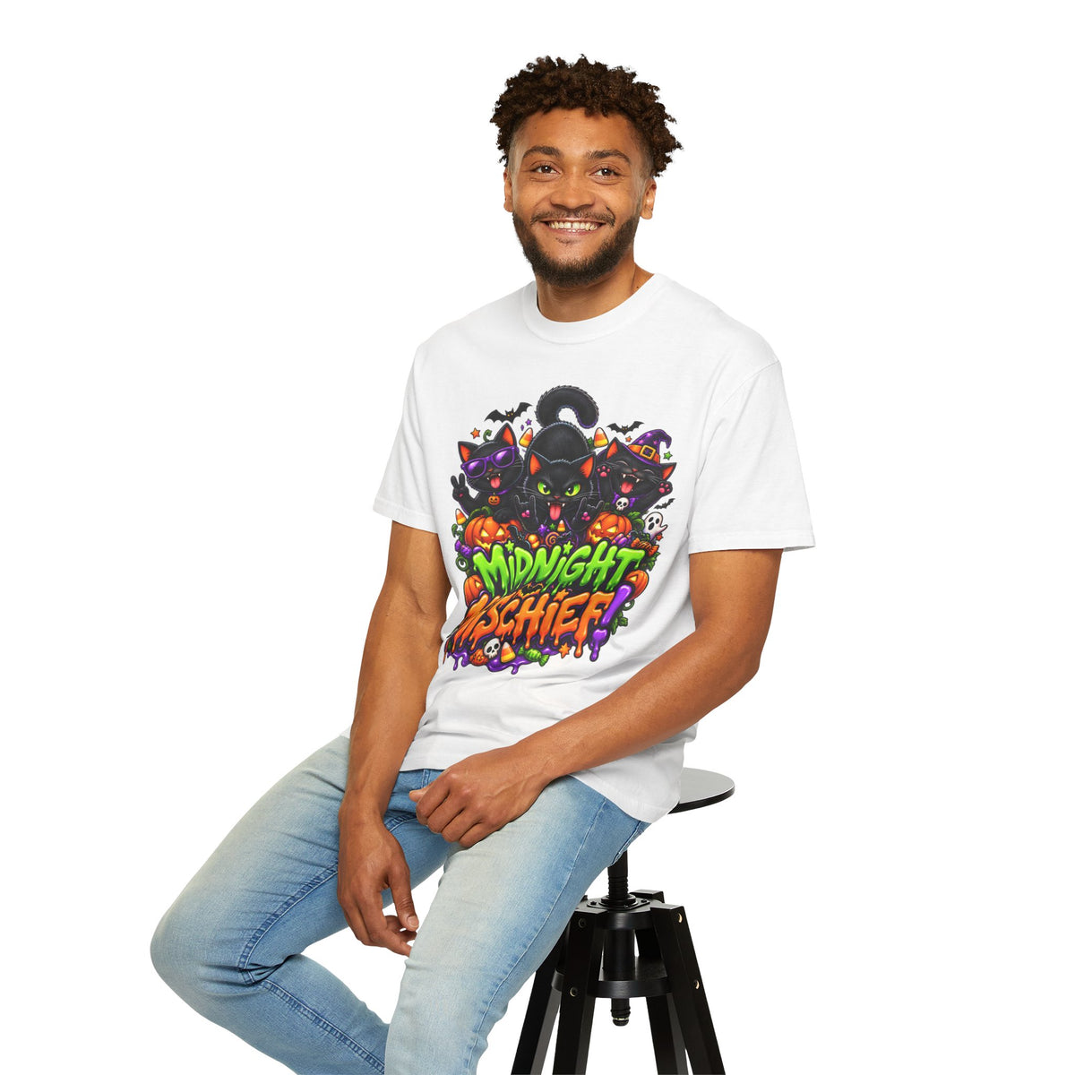 Midnight Mischief Halloween T-Shirt – Funny Black Cat Graphic Tee