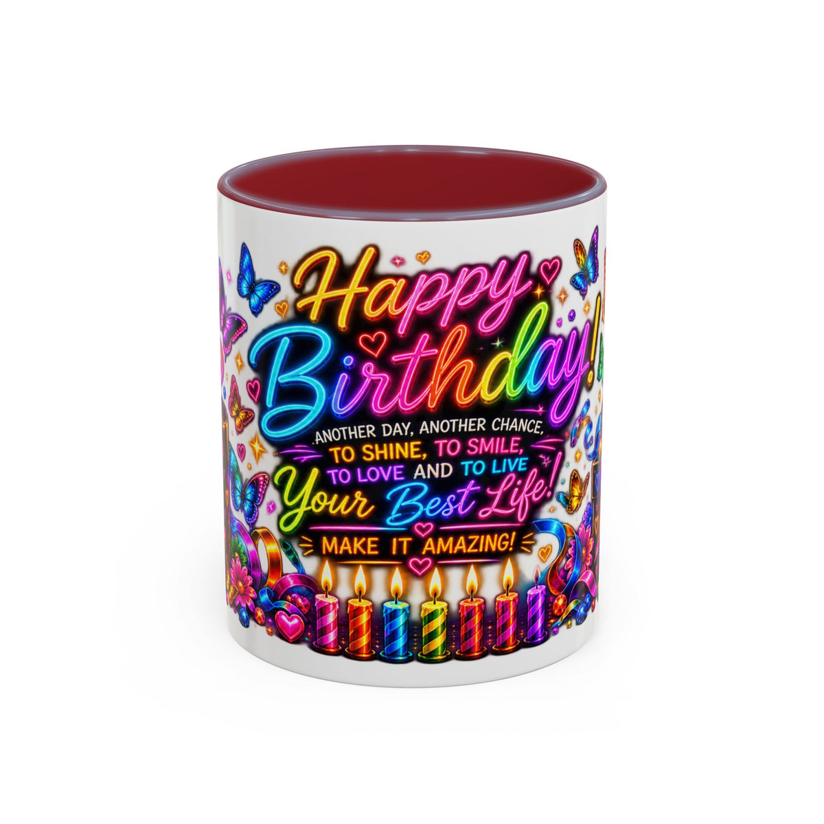 Birthday Coffee Mug – Colorful "Happy Birthday" Gift Mug with Butterflies & Candles