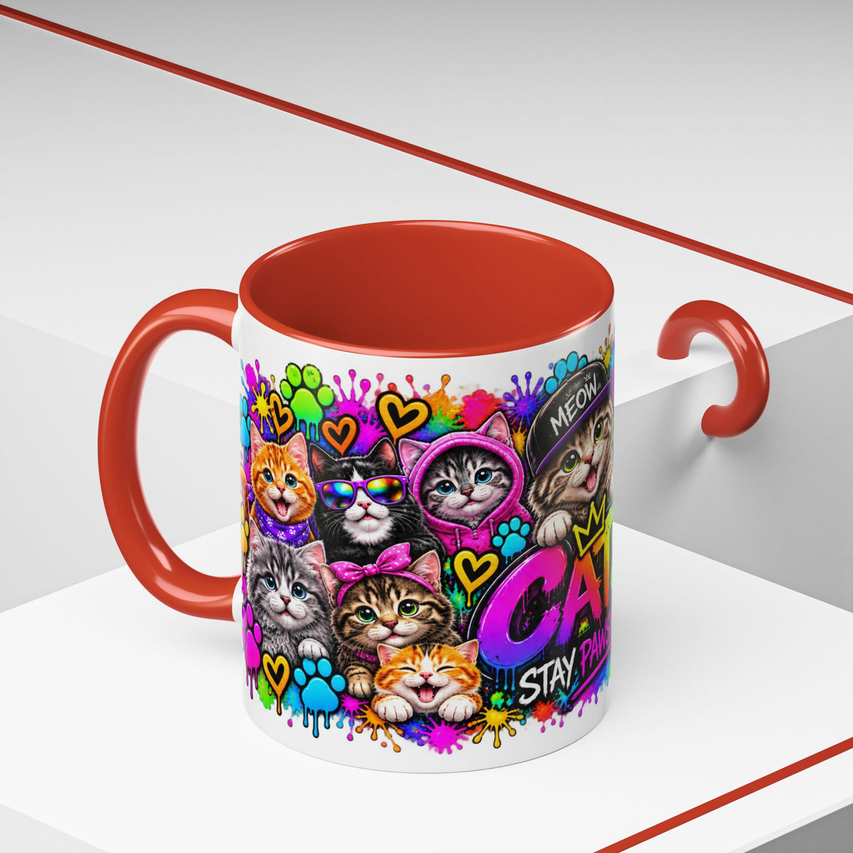 Cats Stay Pawsitive Accent Coffee Mug – Colorful Cute Cat Paw Print Design (11oz)