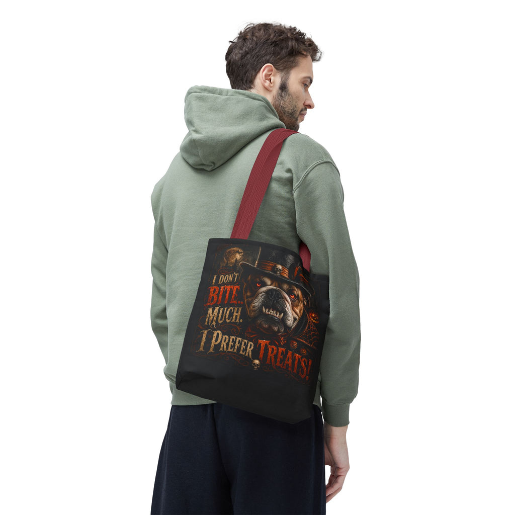 Halloween Bulldog Tote Bag — "I Don't Bite Much, I Prefer Treats" Candy‑Lovers Reusable Bag