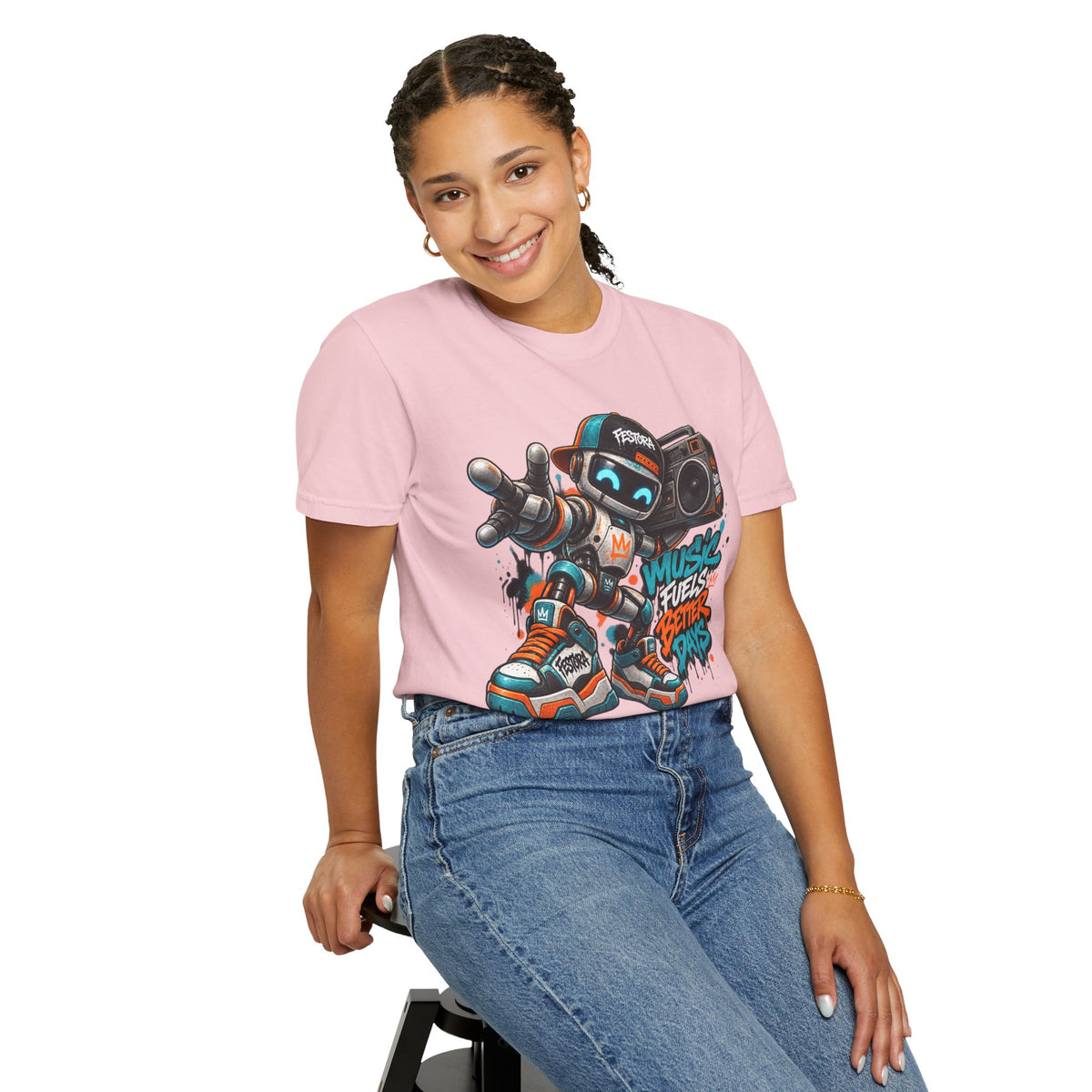 Music Fuels Better Days T-Shirt — Retro Robot Boombox Streetwear