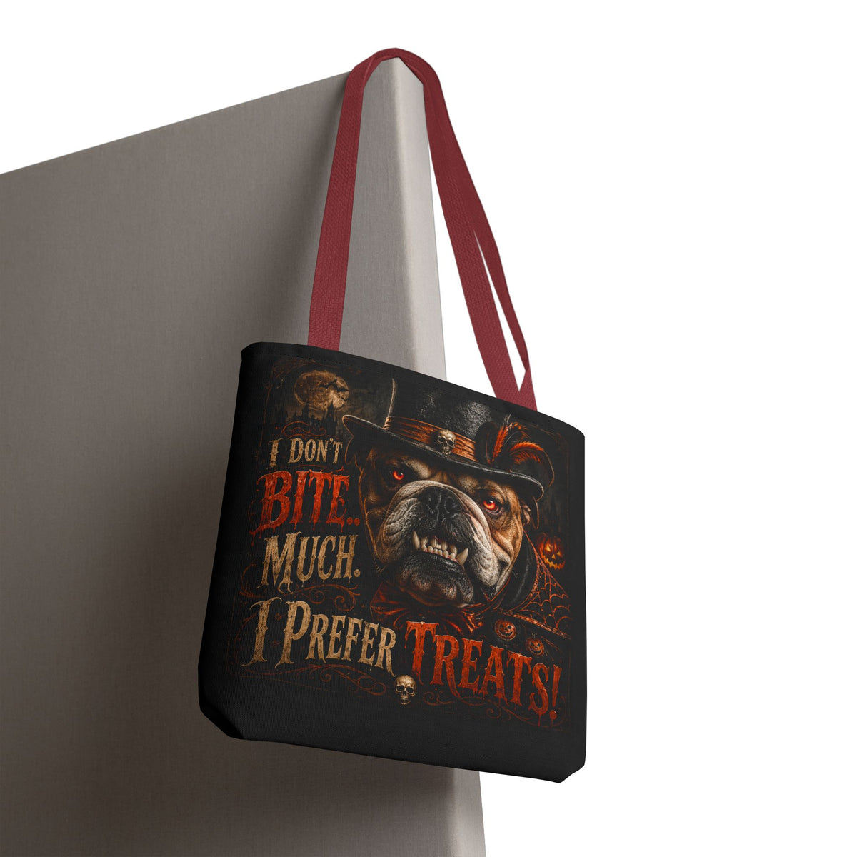 Halloween Bulldog Tote Bag — "I Don't Bite Much, I Prefer Treats" Candy‑Lovers Reusable Bag