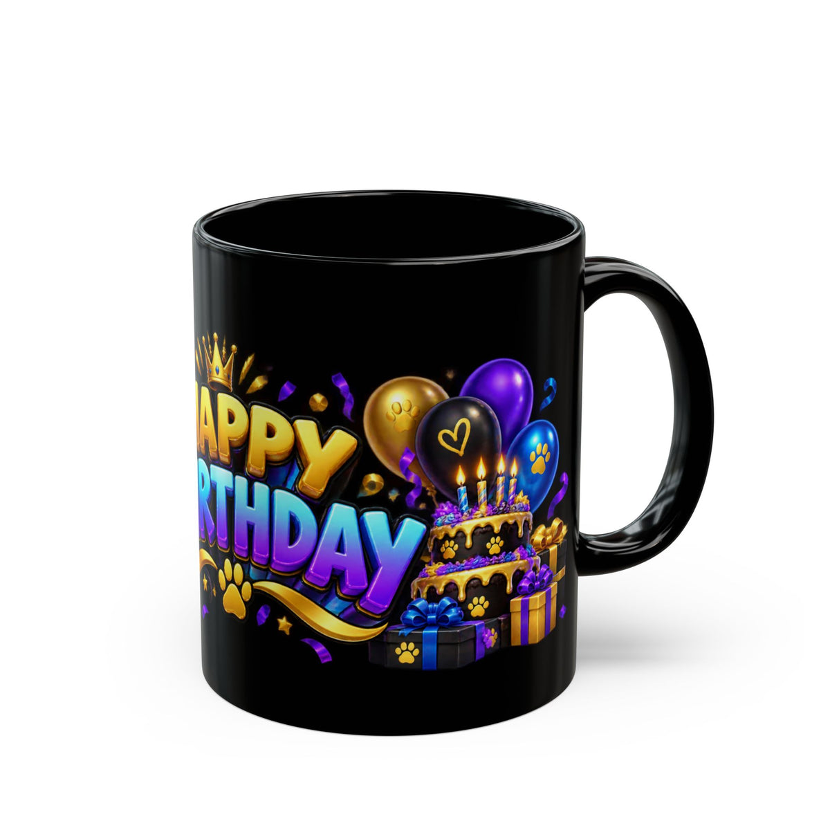 Cool Black Panther Happy Birthday Mug – Purple Blue & Gold Birthday Design – FestoraShop Black Coffee Mug
