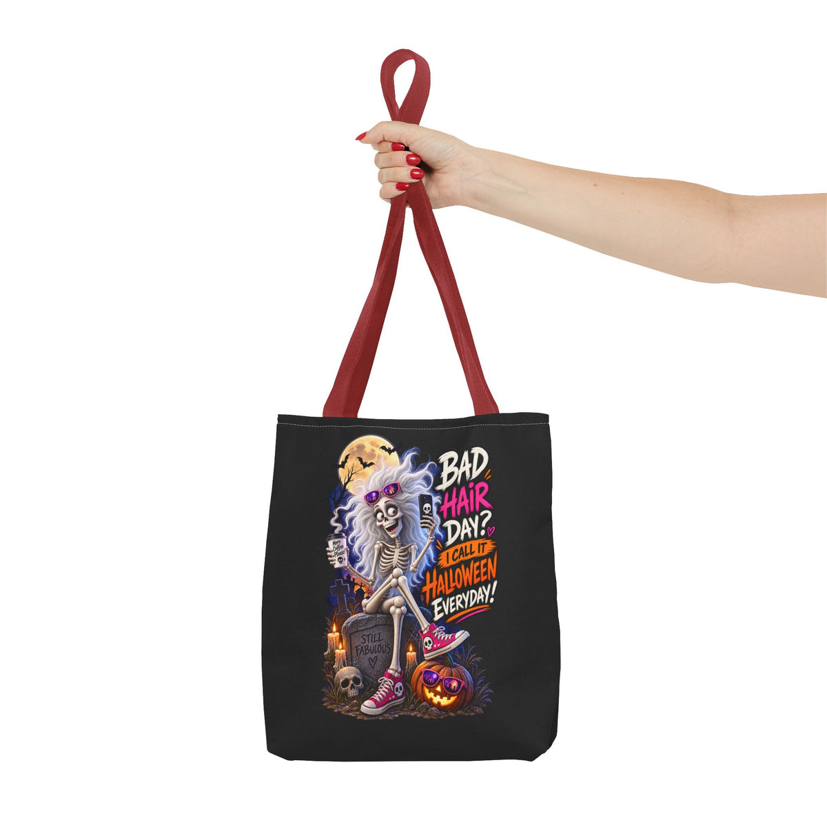 Halloween Skeleton Tote Bag — "Bad Hair Day? I Call It Halloween Everyday" Graphic