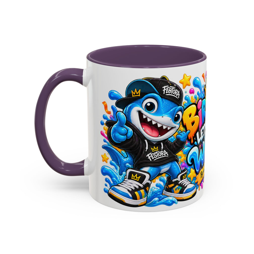 BIRTHDAY? LET’S MAKE WAVES! White Ceramic Mug – Funny Shark Birthday Coffee Cup – Original FestoraShop Design