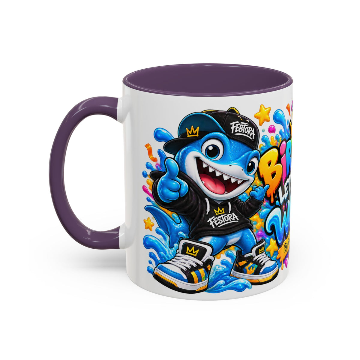 BIRTHDAY? LET’S MAKE WAVES! White Ceramic Mug – Funny Shark Birthday Coffee Cup – Original FestoraShop Design