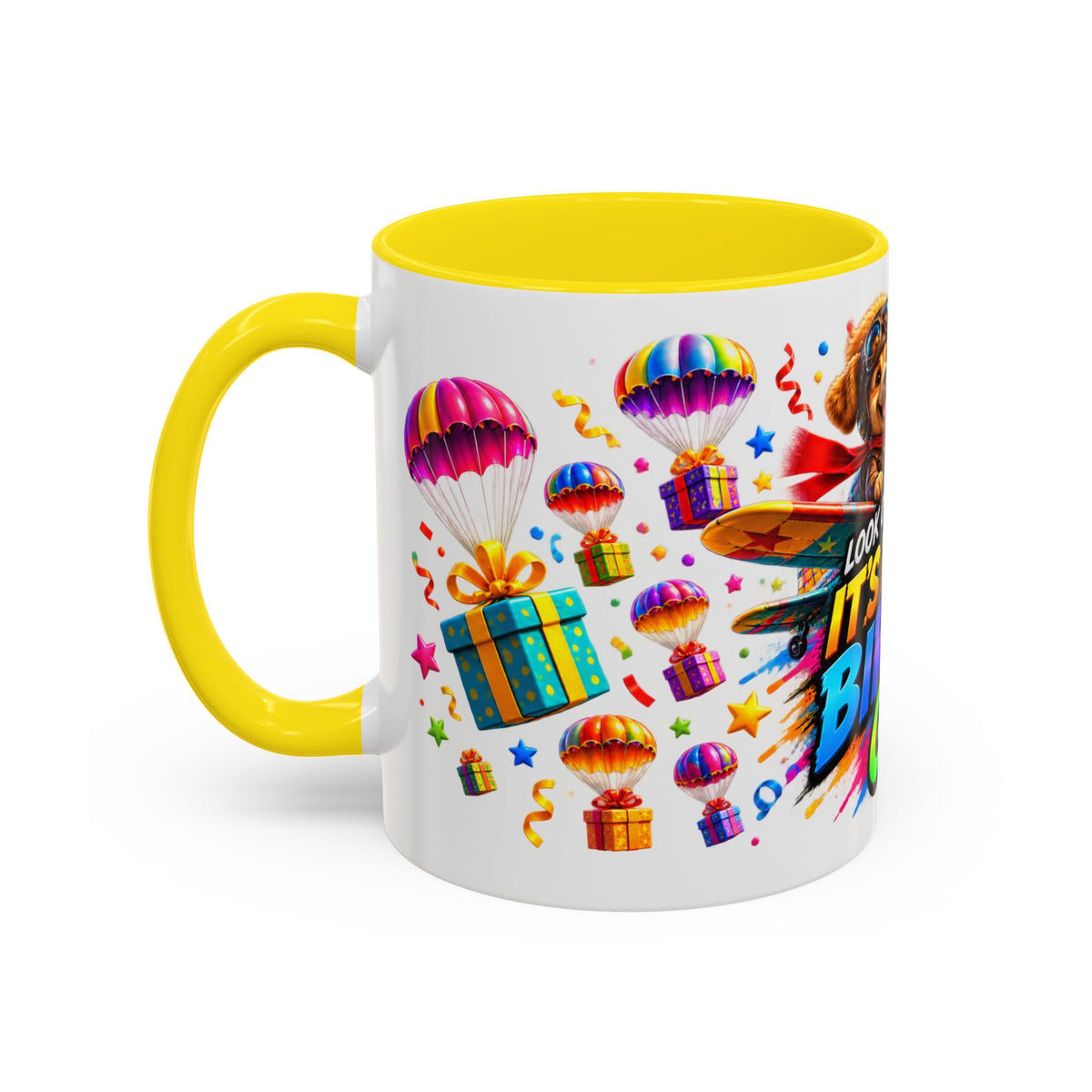 Birthday Gifts Coffee Mug — "It's Raining Birthday Gifts!" Colorful Accent Mug