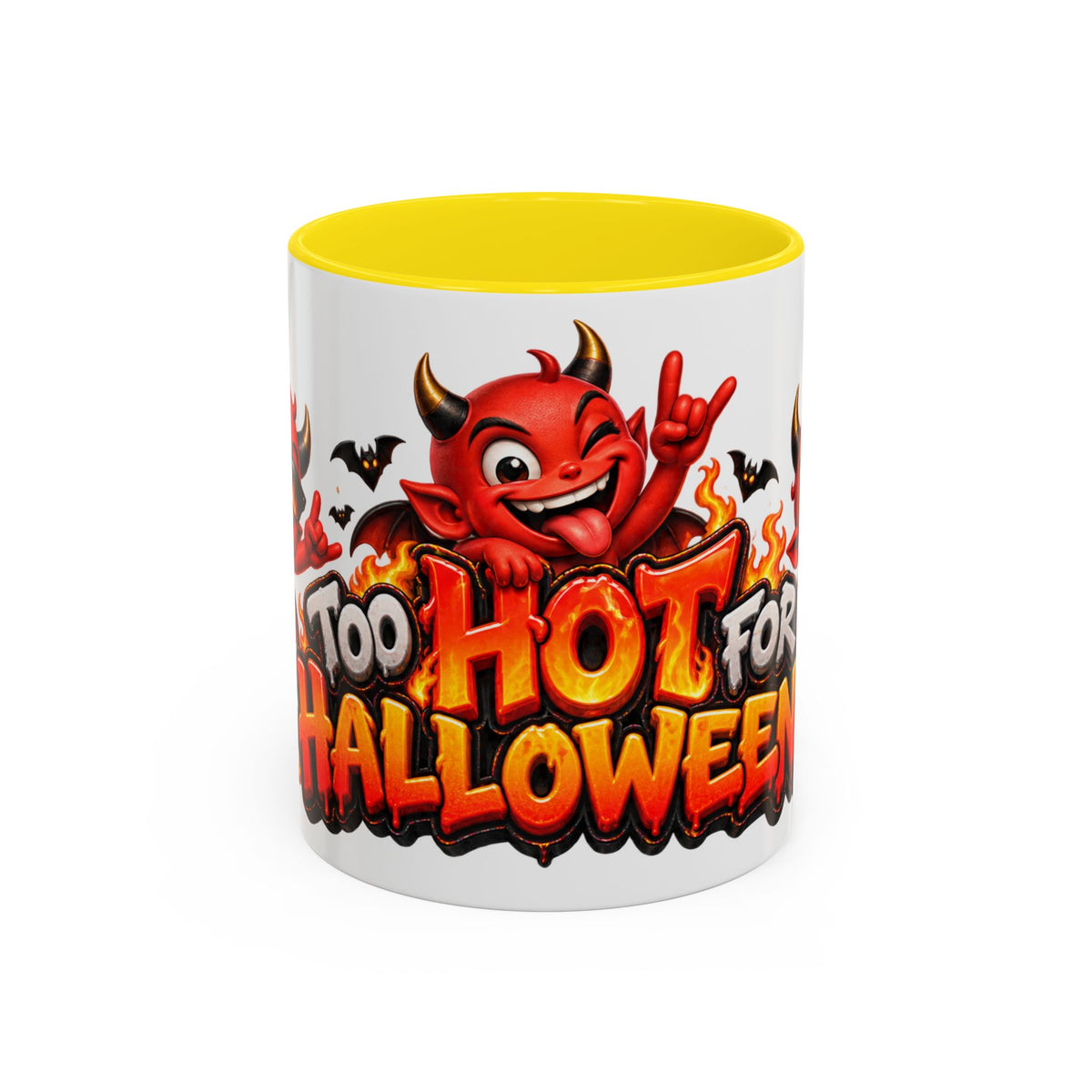 Too Hot for Halloween White Mug – Funny Devils, Flames & Spooky Design