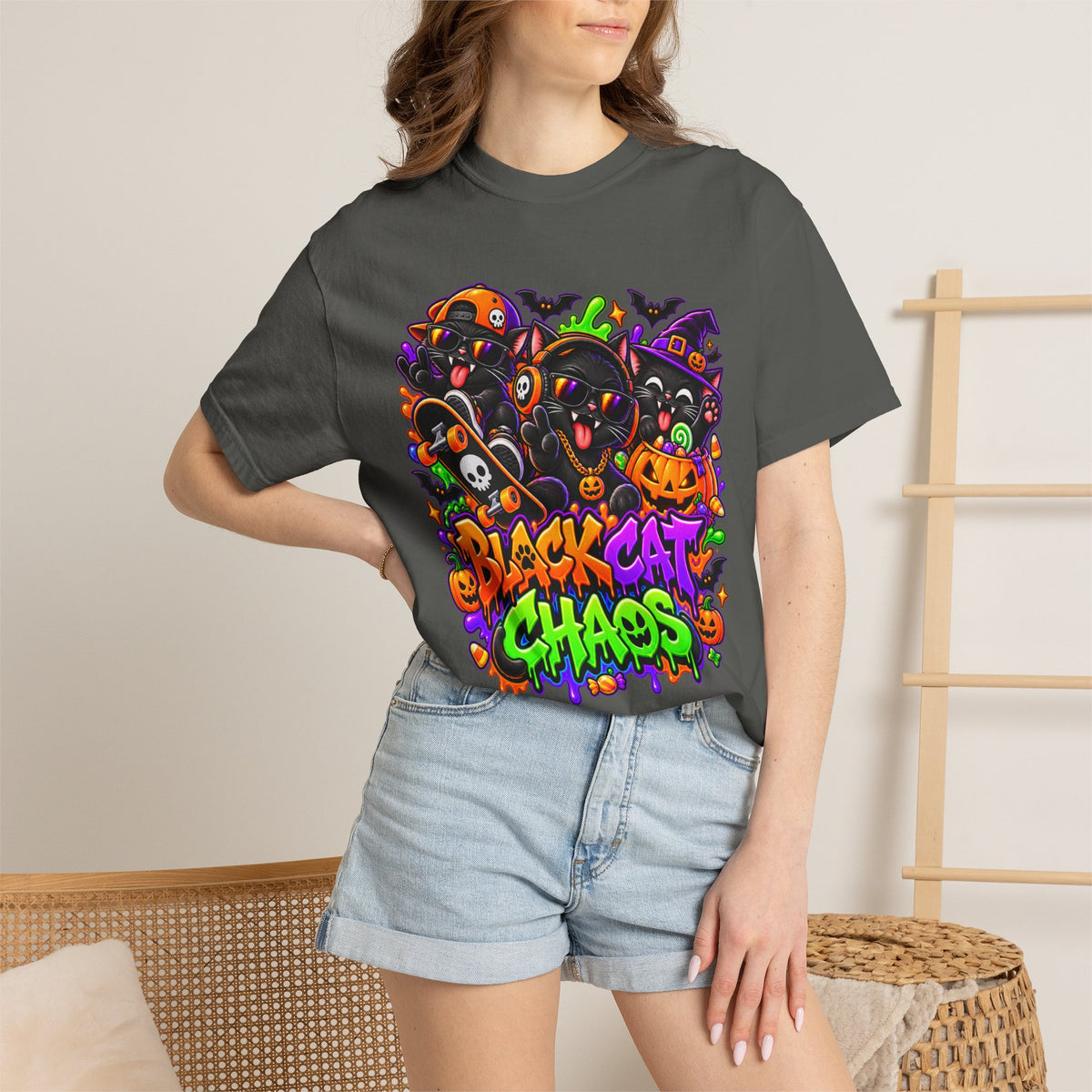 Neon Black Cat Halloween Chaos T-Shirt | Cute Spooky Cat Graphic Tee
