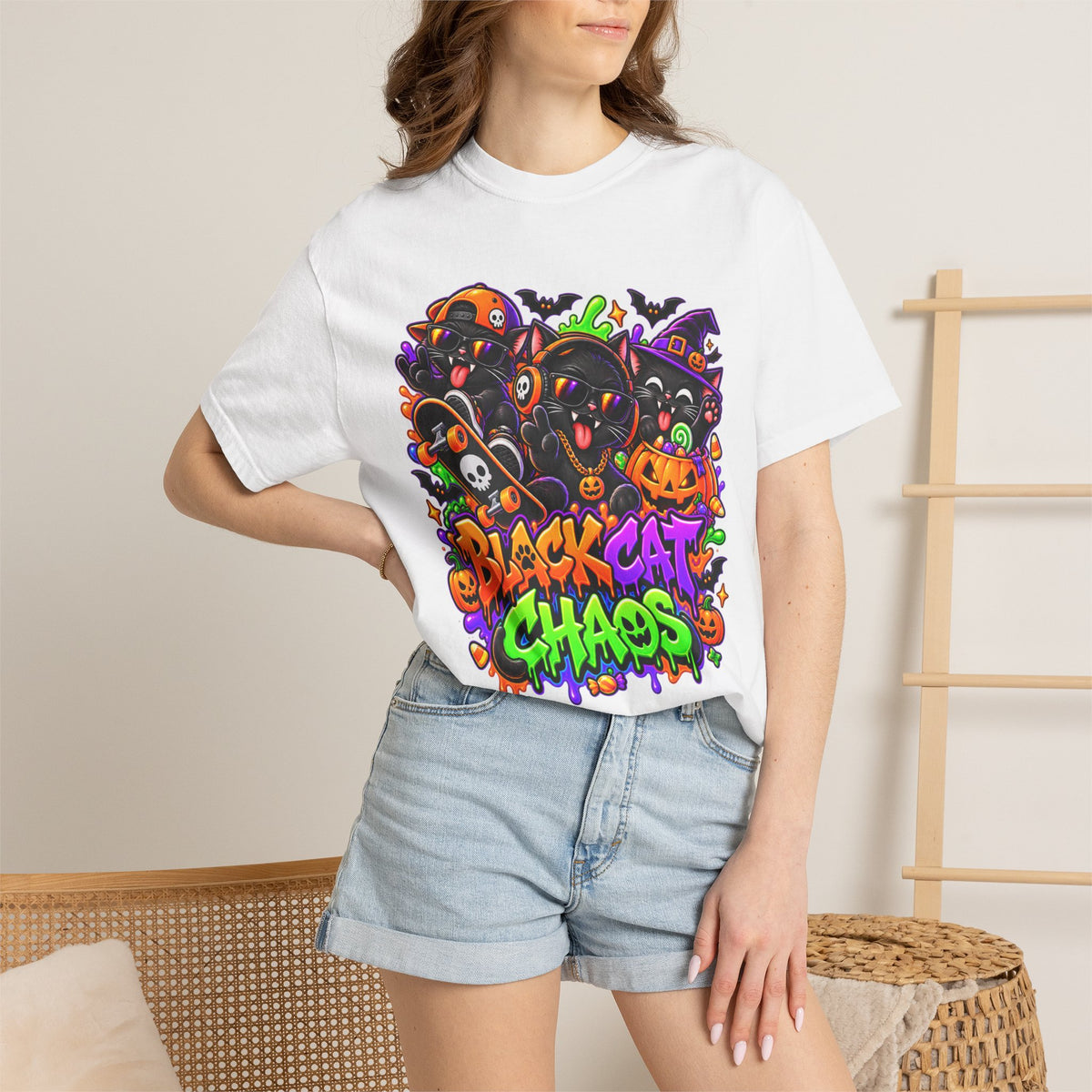 Neon Black Cat Halloween Chaos T-Shirt | Cute Spooky Cat Graphic Tee