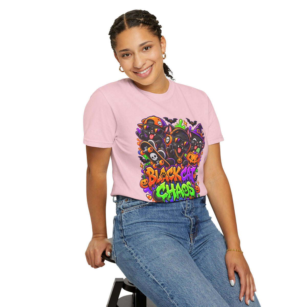 Neon Black Cat Halloween Chaos T-Shirt | Cute Spooky Cat Graphic Tee