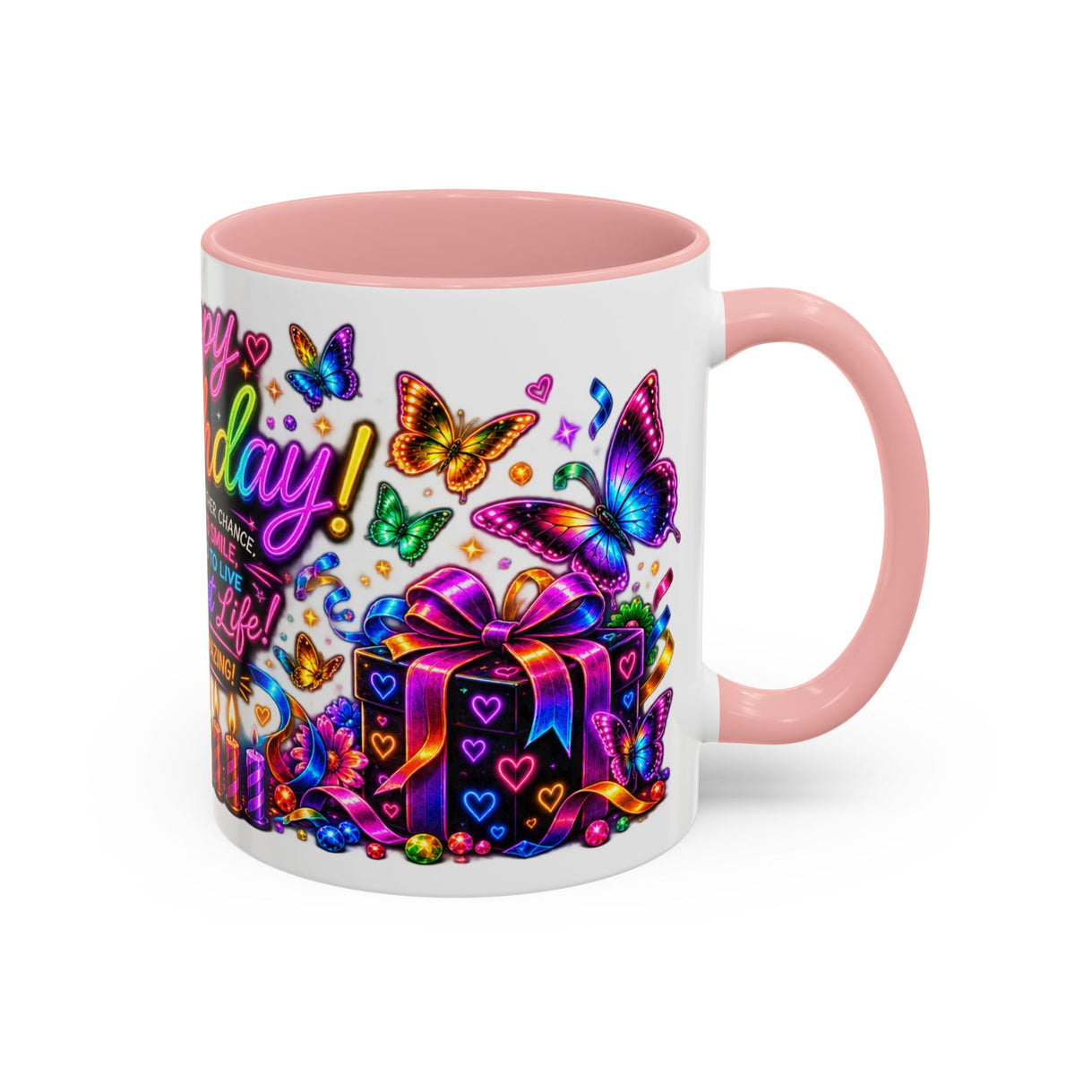 Birthday Coffee Mug – Colorful "Happy Birthday" Gift Mug with Butterflies & Candles