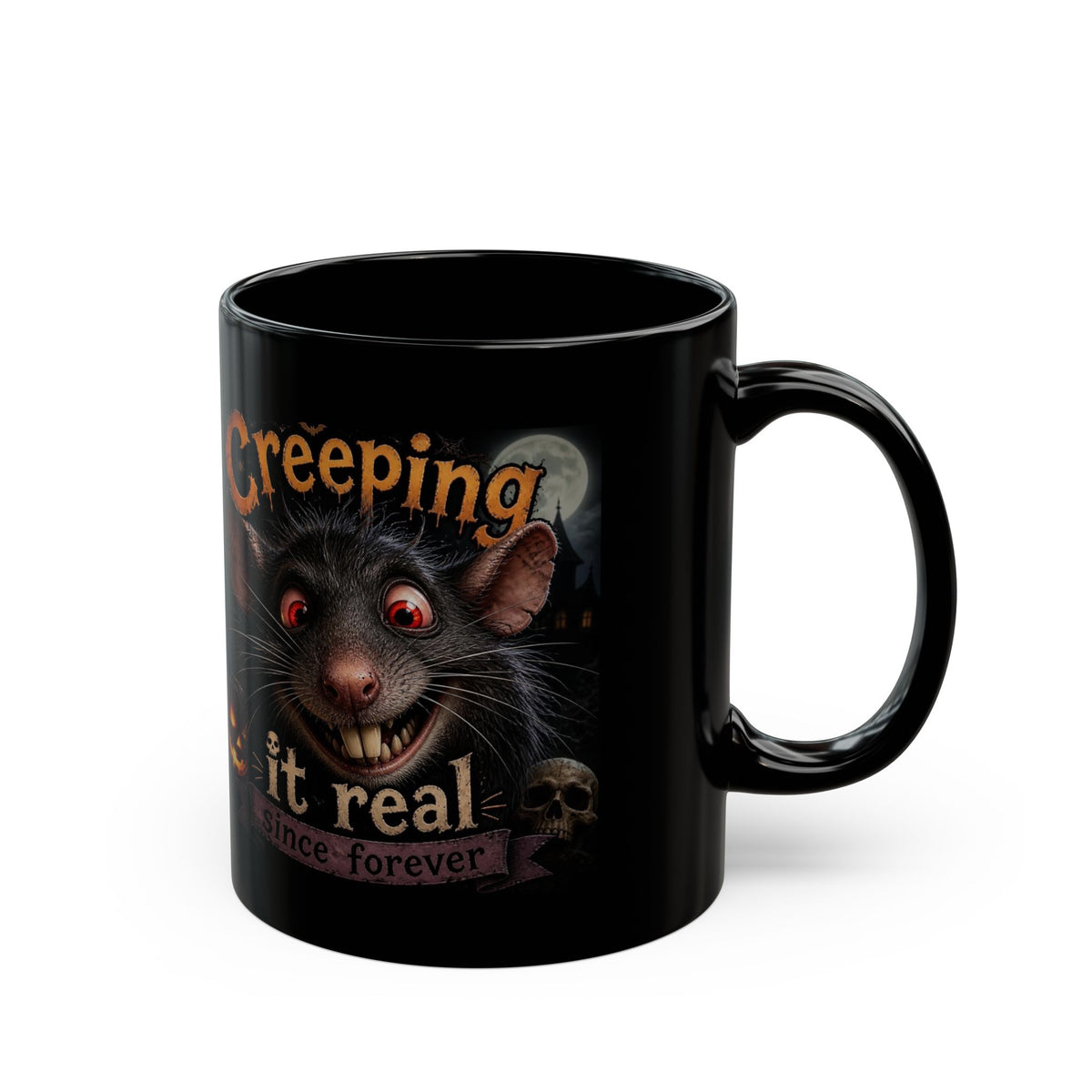 Creeping It Real Black Mug — Halloween Black Cat & Pumpkin Coffee Cup (11oz/15oz)