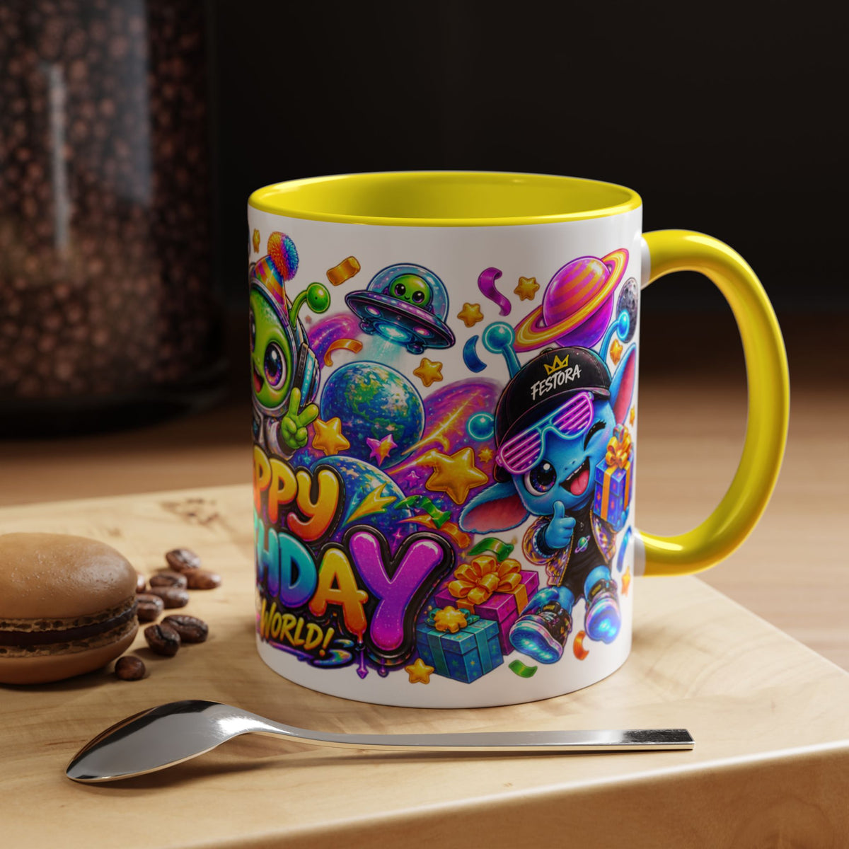 Happy Birthday Out of This World Accent Mug — Cute Alien Space Birthday Coffee Cup (11oz)