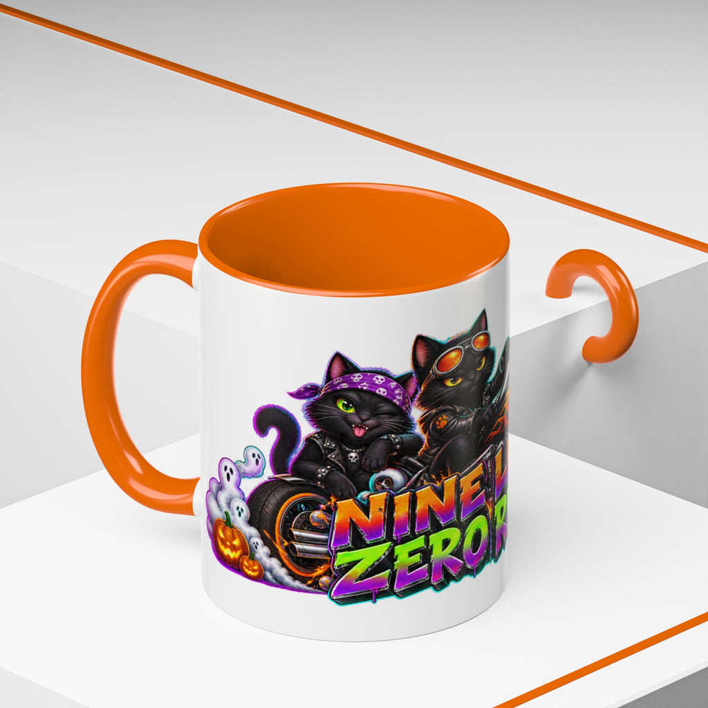 Nine Lives Zero Rules Biker Cats Halloween White Mug