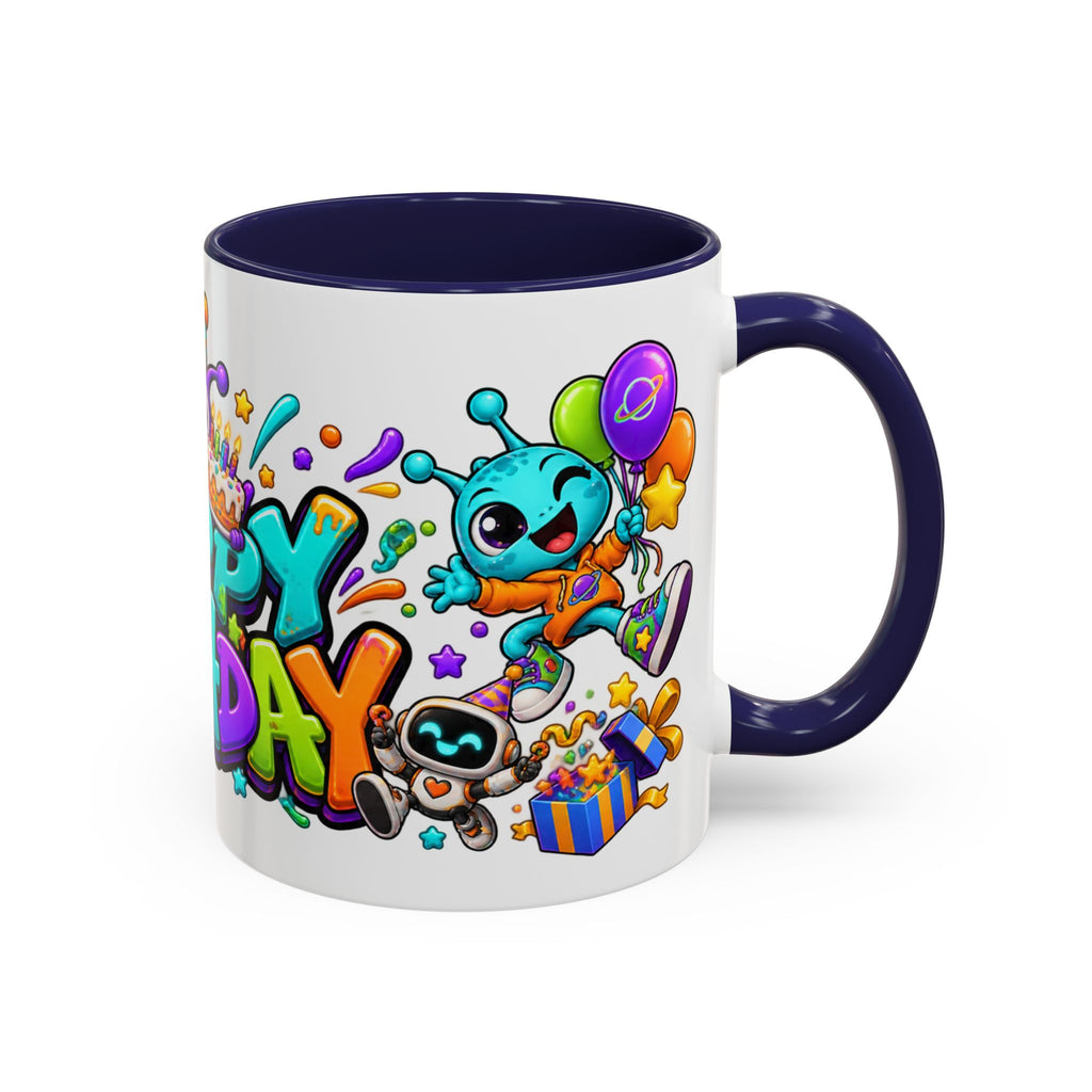 Happy Birthday Alien Mug – Colorful Space Party Cup with Cute Aliens & Robots