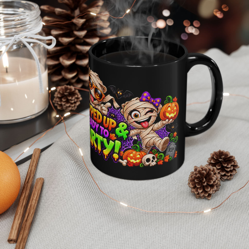 Wrapped Up & Ready to Party Black Mug – Funny Mummies & Halloween Design